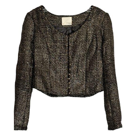 🌺 Mustard Seed Studded Gold Metallic Tweed Cropped Evening Jacket Size S - Picture 1 of 7